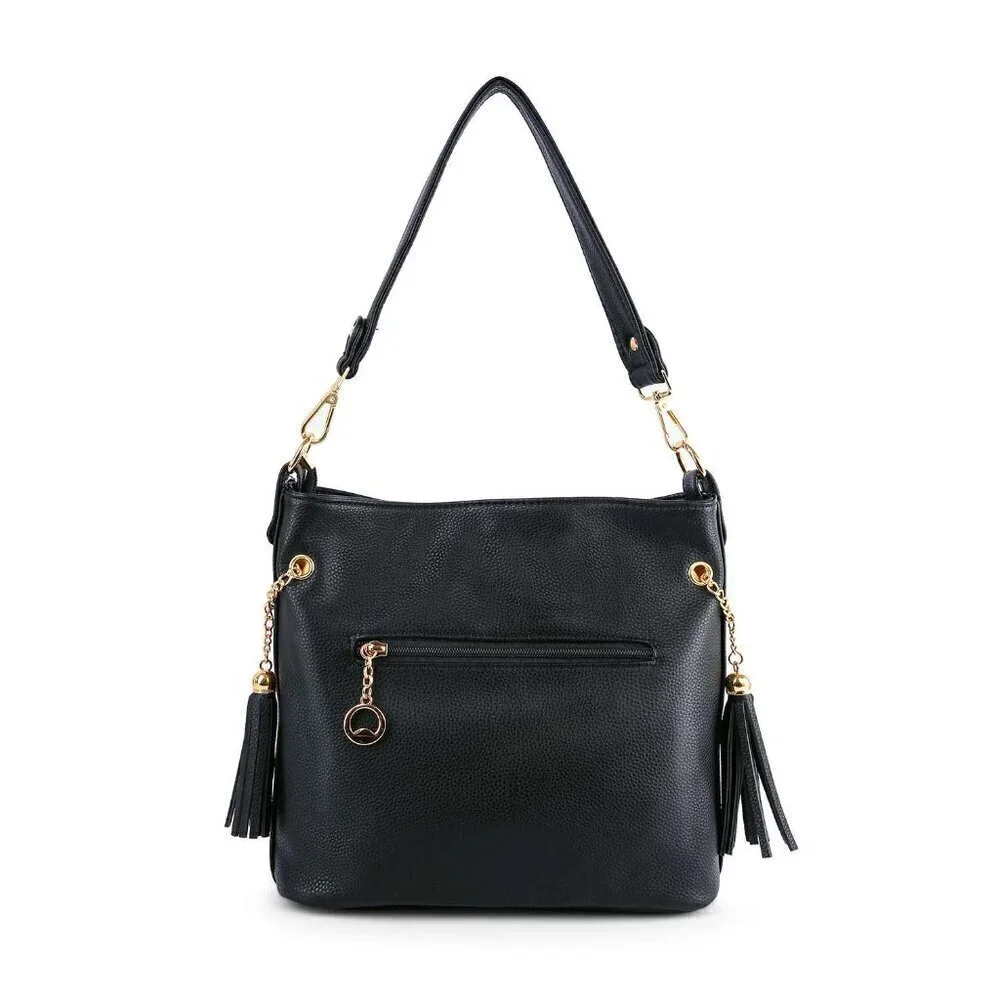 Black Stylish Rhinestone Bling Zip Hobo Handbag